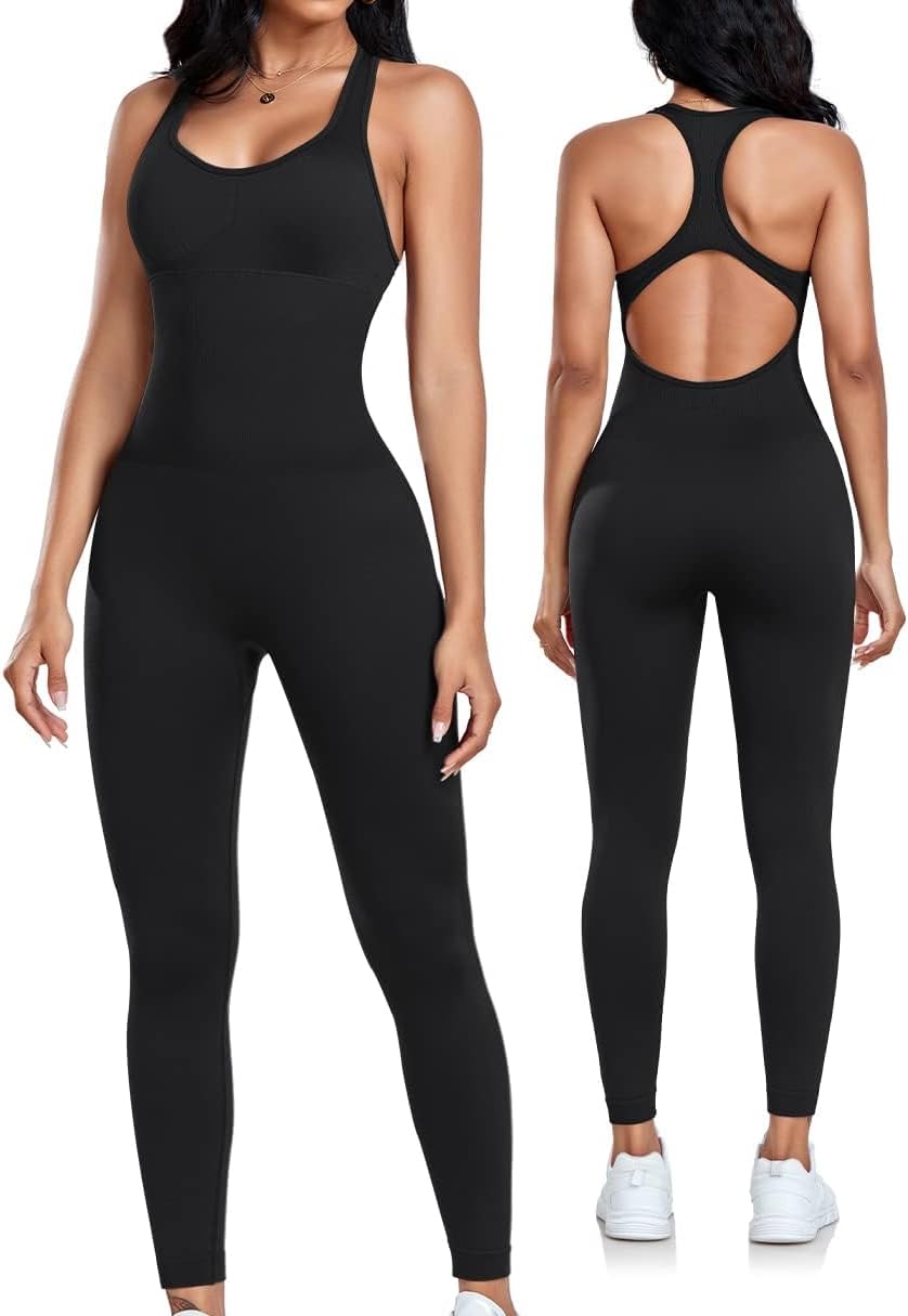 OLCHEE Womens Workout Jumpsuits Seamless Yoga Gym Bodycon Rompers Sexy Racerback Tummy Control Padded Bra Unitard