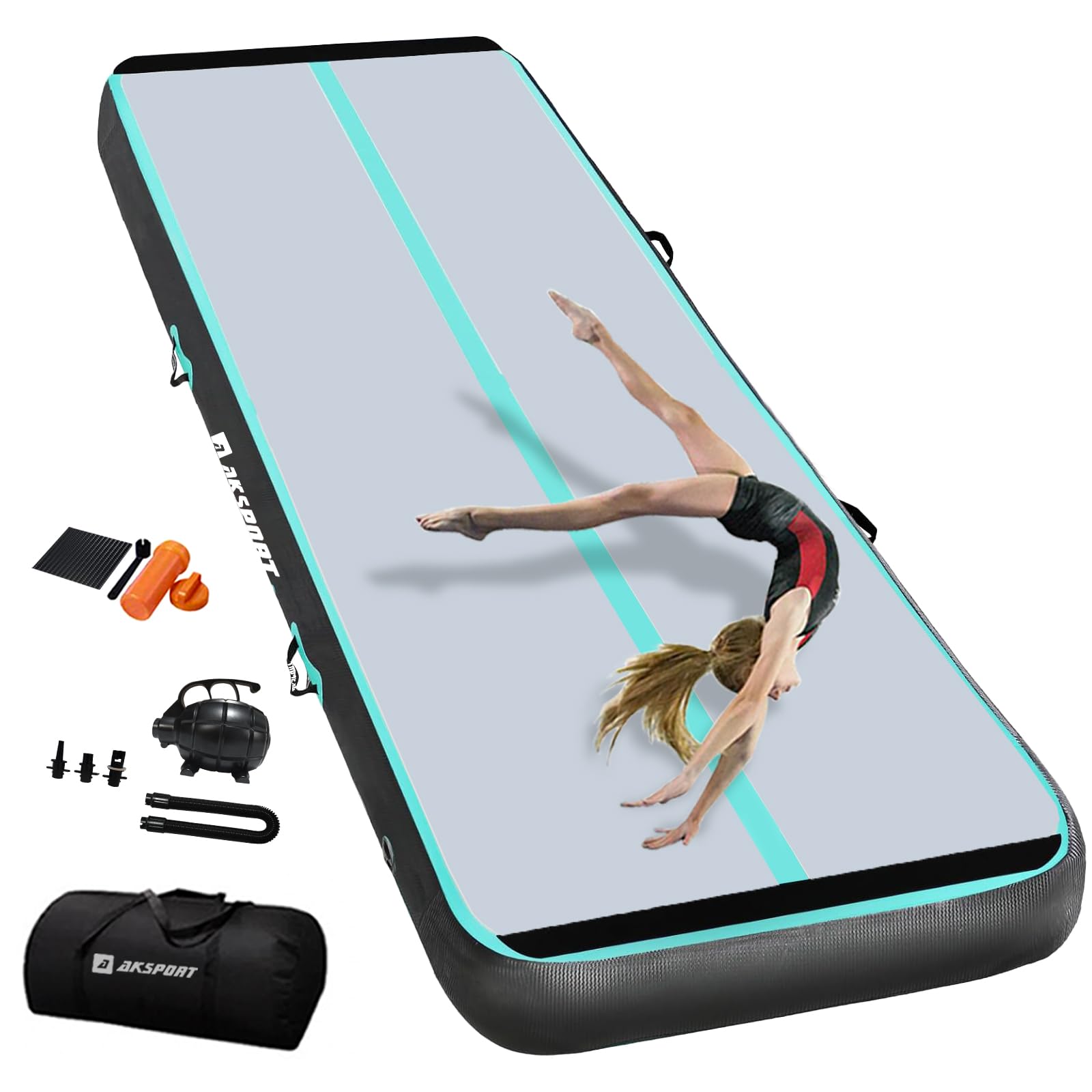 AKSPORT Gymnastics Air Mat Tumble Track Tumbling Mat Inflatable Floor Mats with Air Pump for Home Use/Tumble/Gym/Training/Cheerleading/Parkour/Beach/Park/Water