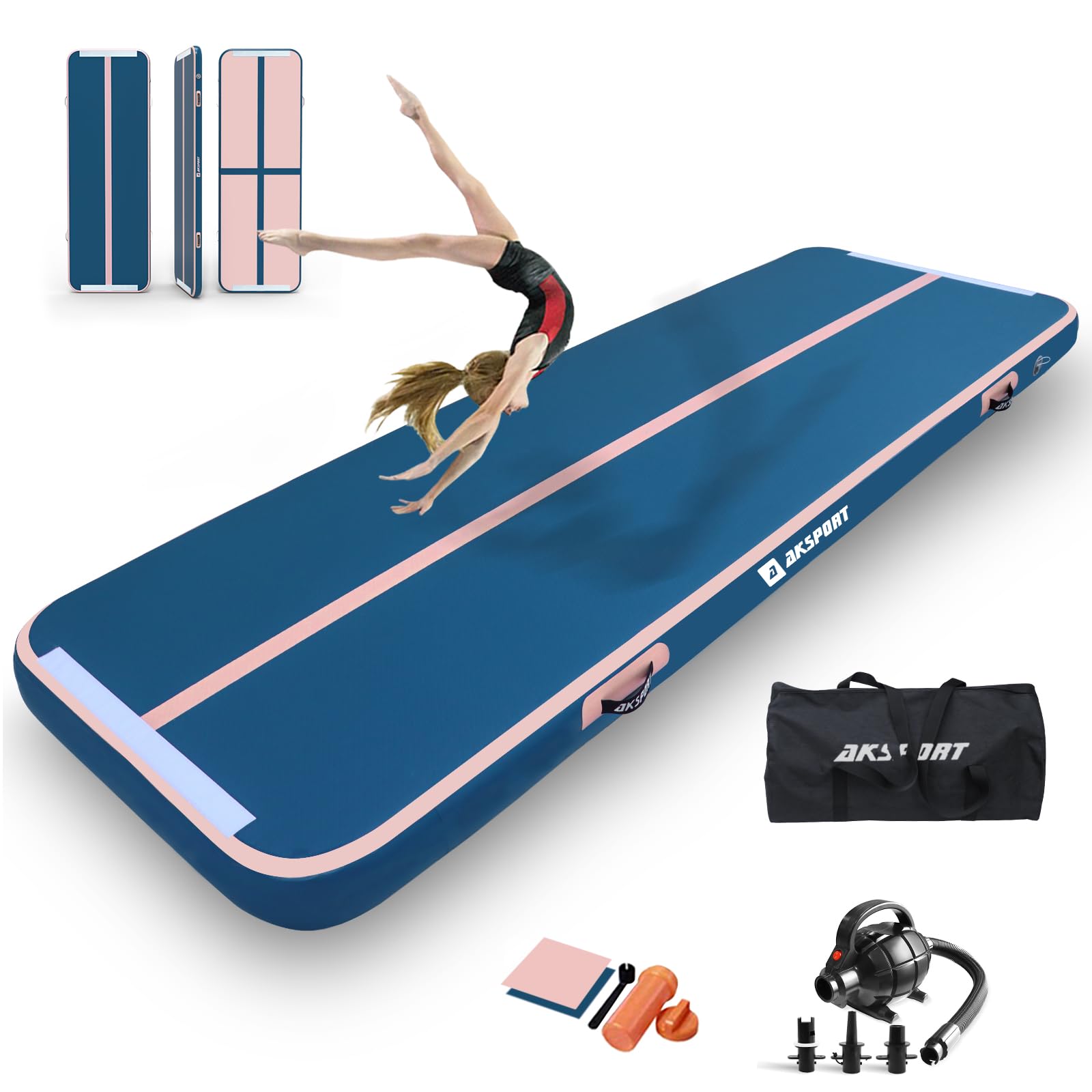 AKSPORT Gymnastics Air Mat Tumble Track Tumbling Mat Inflatable Floor Mats with Air Pump for Home Use/Tumble/Gym/Training/Cheerleading/Parkour/Beach/Park/Water