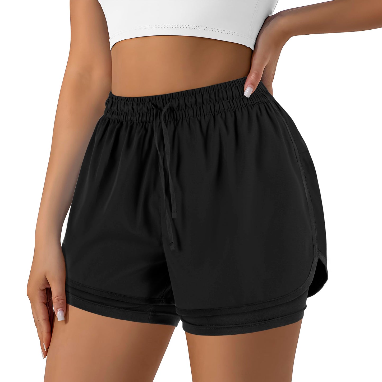 Women's 2 in 1 Running Shorts for Gym Yoga Workout Athletic Shorts High-Waisted Shorts with Liner Pockets