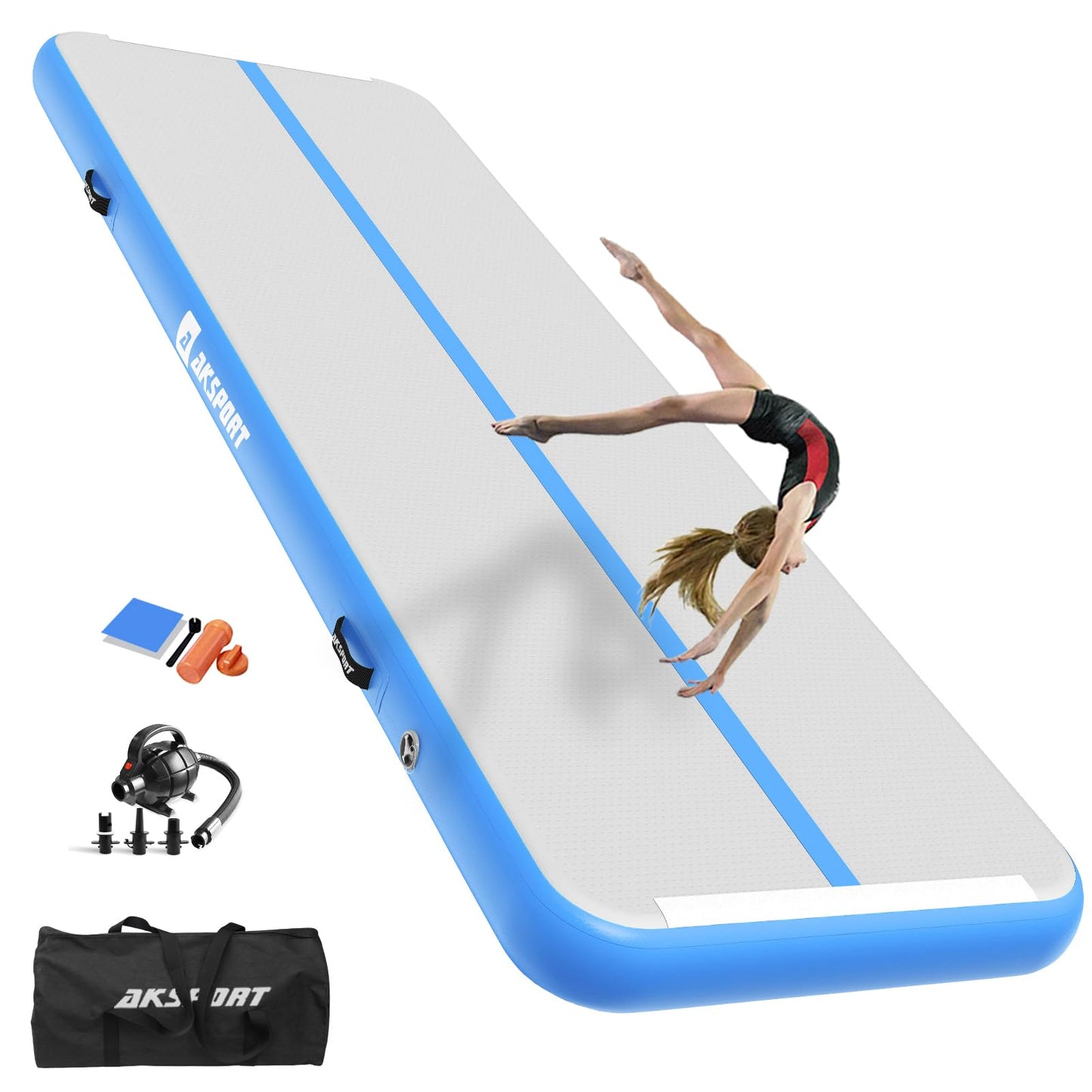 AKSPORT Gymnastics Air Mat Tumble Track Tumbling Mat Inflatable Floor Mats with Air Pump for Home Use/Tumble/Gym/Training/Cheerleading/Parkour/Beach/Park/Water