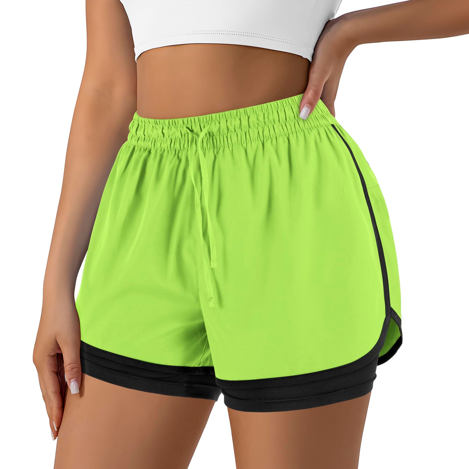 Women's 2 in 1 Running Shorts for Gym Yoga Workout Athletic Shorts High-Waisted Shorts with Liner Pockets