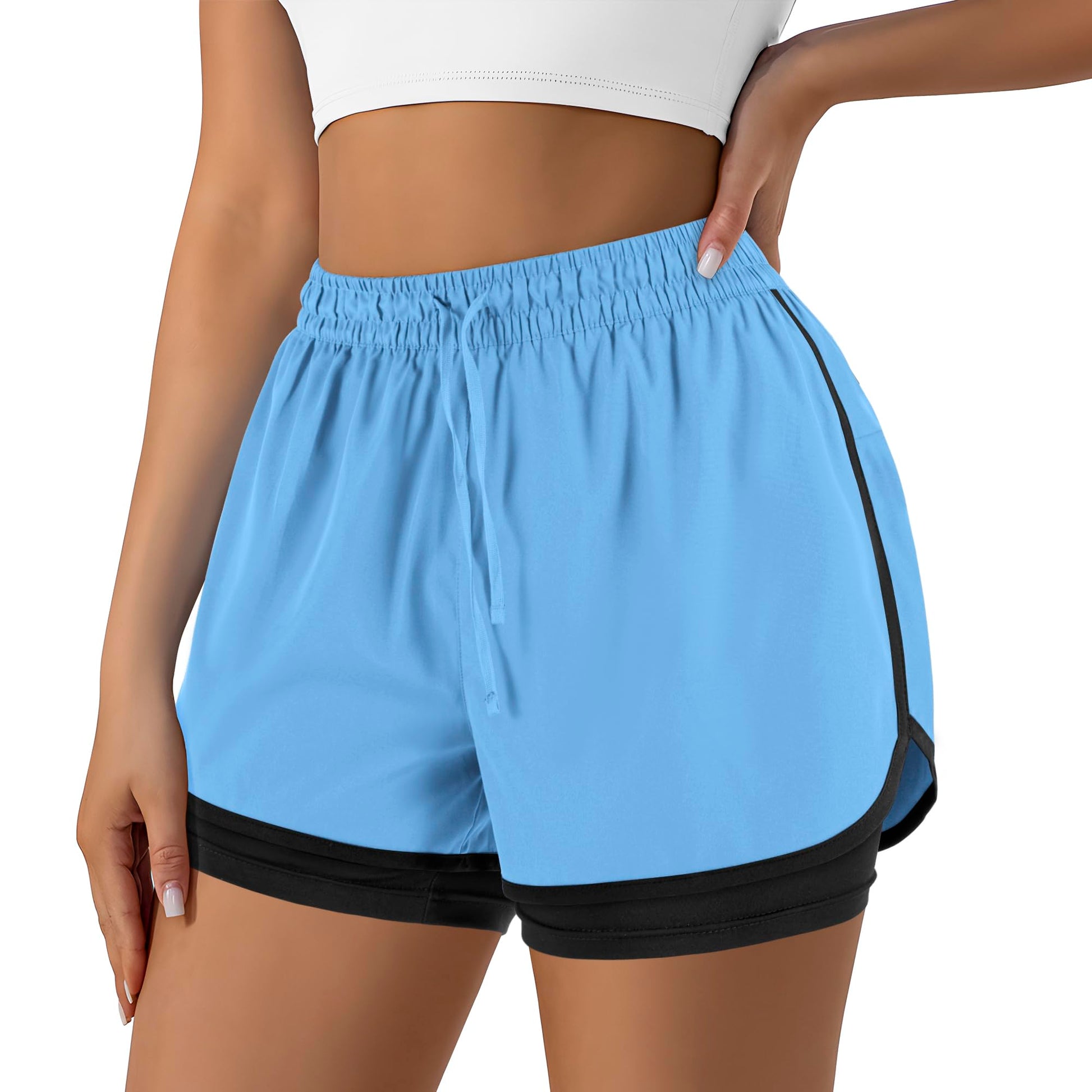 Women's 2 in 1 Running Shorts for Gym Yoga Workout Athletic Shorts High-Waisted Shorts with Liner Pockets
