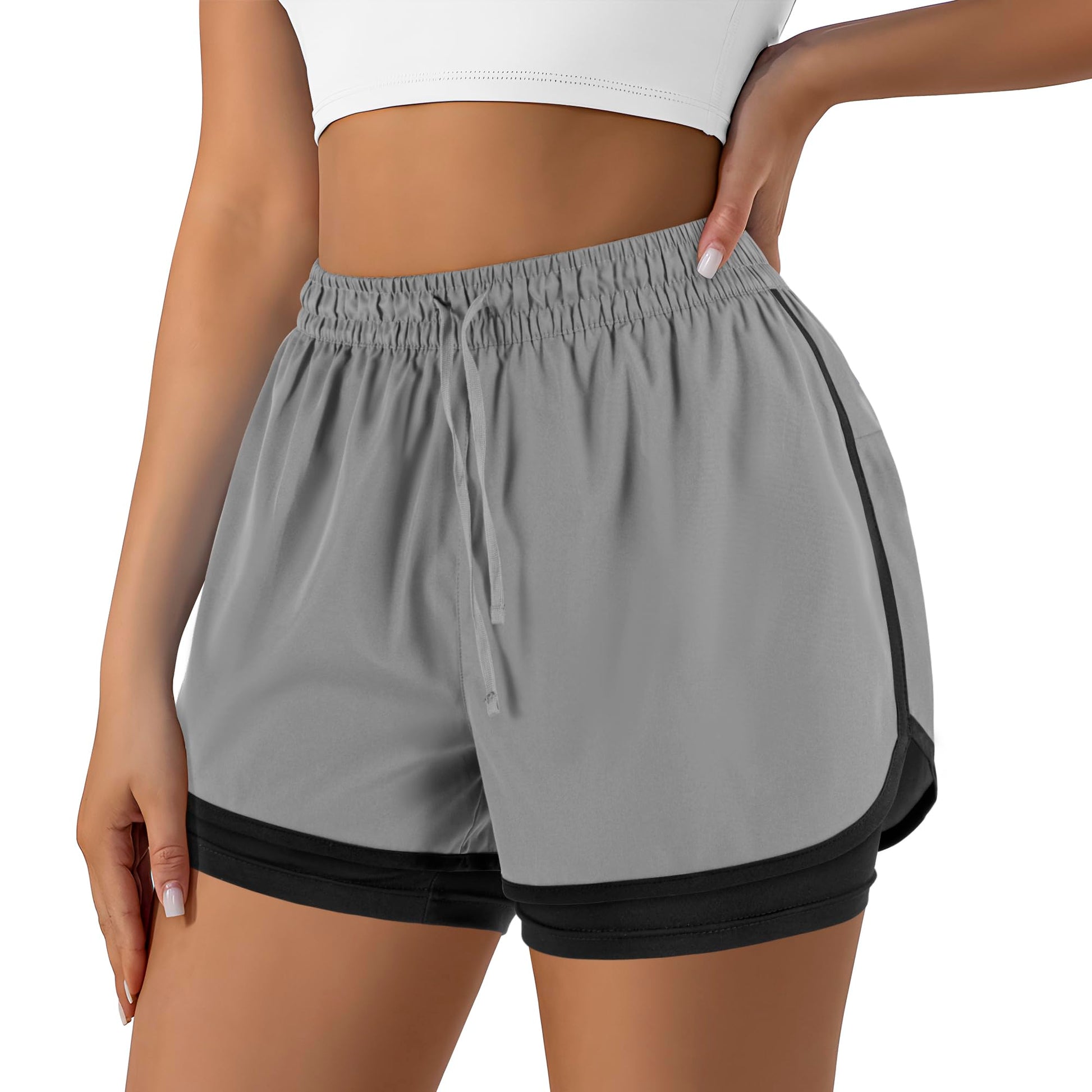Women's 2 in 1 Running Shorts for Gym Yoga Workout Athletic Shorts High-Waisted Shorts with Liner Pockets