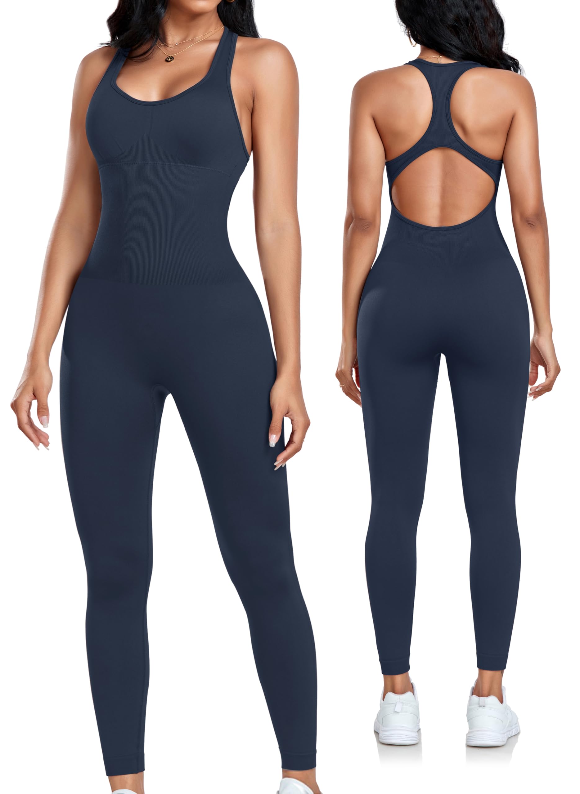 OLCHEE Womens Workout Jumpsuits Seamless Yoga Gym Bodycon Rompers Sexy Racerback Tummy Control Padded Bra Unitard