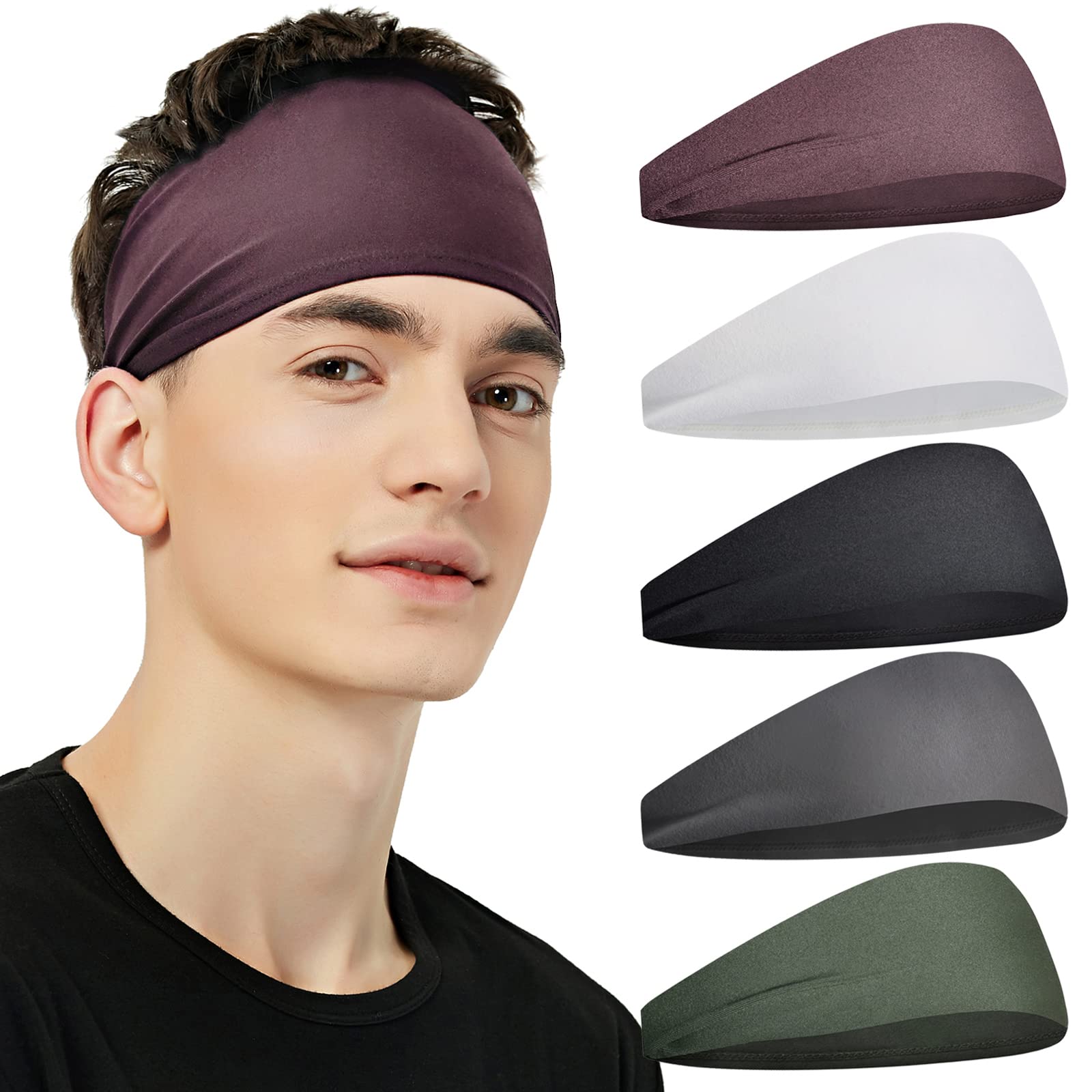 Sports Headbands for Men (5 Pack),Moisture Wicking Workout Headband, Sweatband Headbands for Running,Cycling,Football,Yoga,Hairband for Women and Men