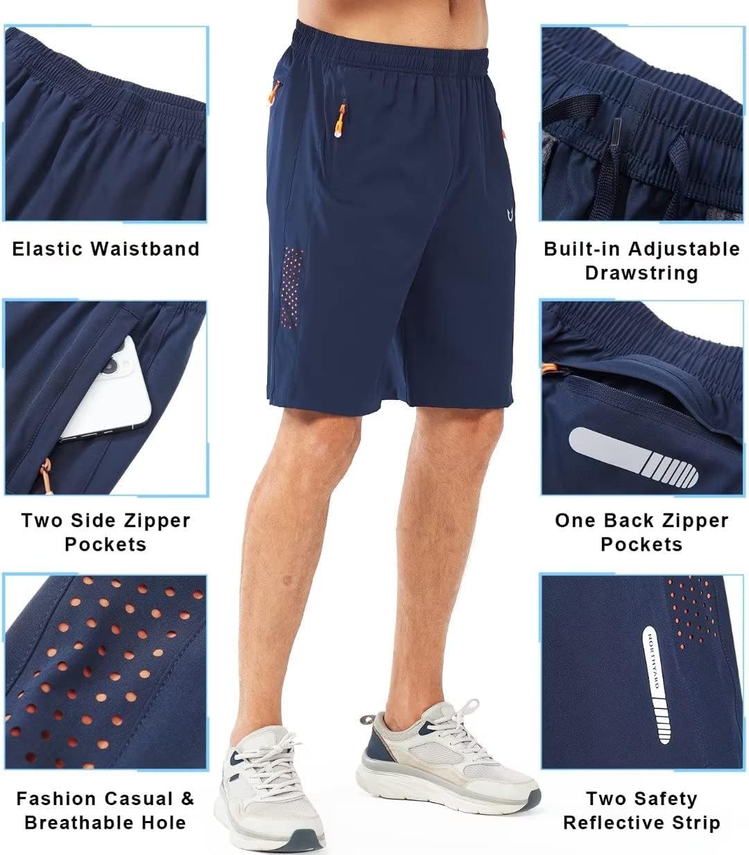 NORTHYARD Men's Athletic Hiking Shorts Quick Dry Workout Shorts 7"/ 9"/ 5" Lightweight Sports Gym Running Shorts Basketball Exercise NAVY-9inch L