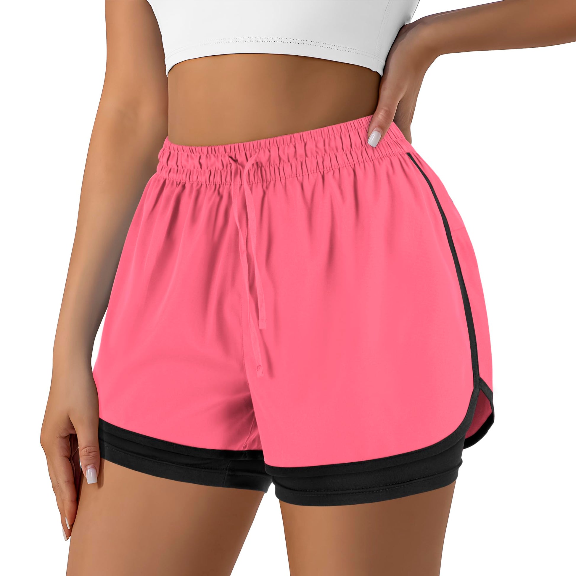 Women's 2 in 1 Running Shorts for Gym Yoga Workout Athletic Shorts High-Waisted Shorts with Liner Pockets