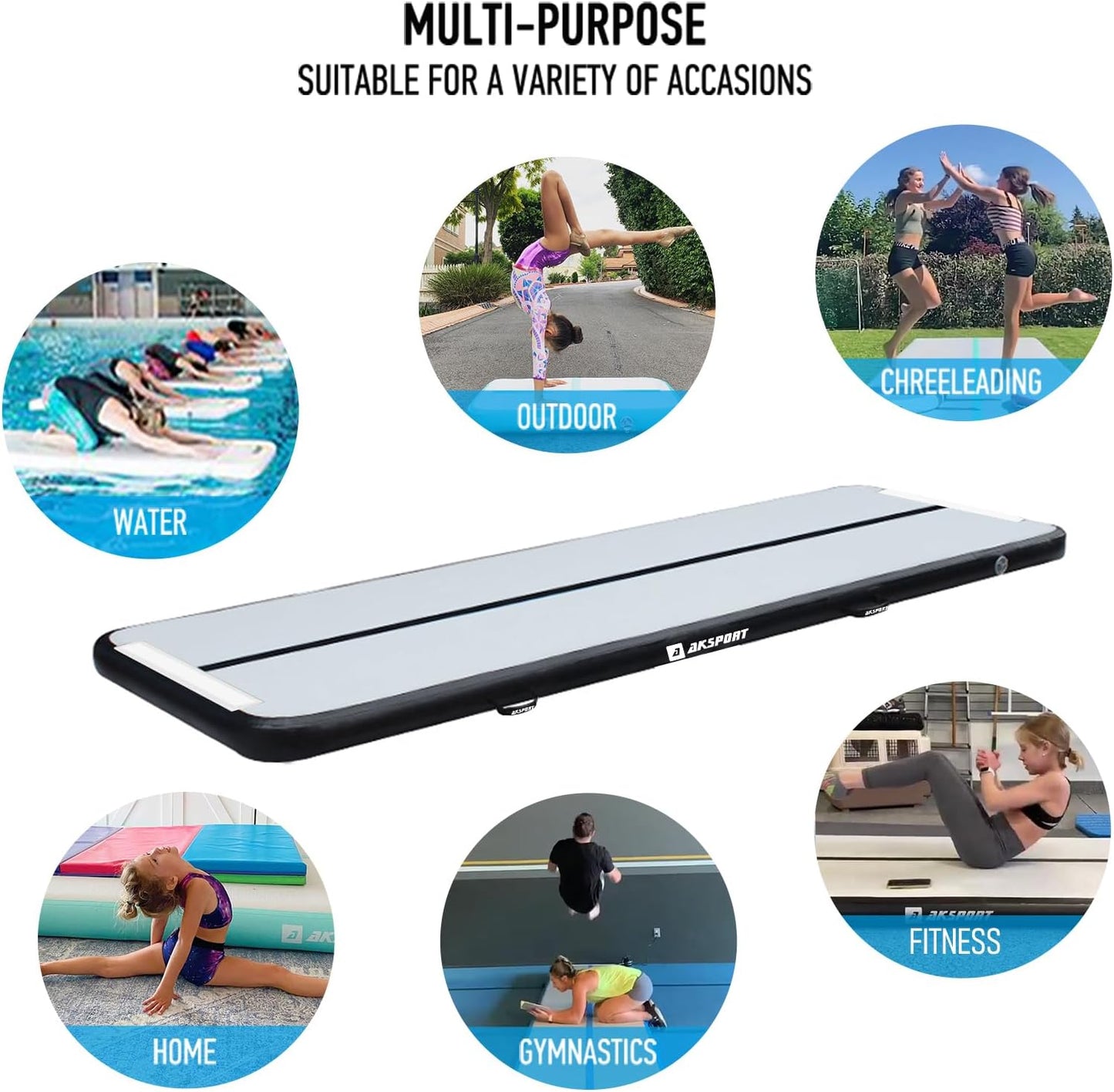 AKSPORT Gymnastics Air Mat Tumble Track Tumbling Mat Inflatable Floor Mats with Air Pump for Home Use/Tumble/Gym/Training/Cheerleading/Parkour/Beach/Park/Water