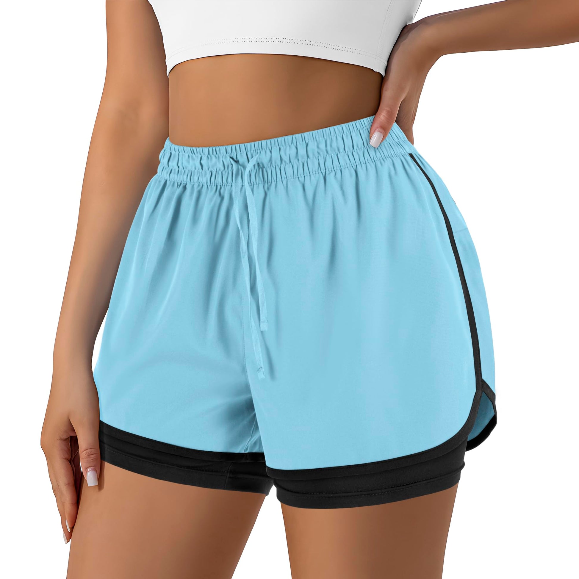 Women's 2 in 1 Running Shorts for Gym Yoga Workout Athletic Shorts High-Waisted Shorts with Liner Pockets