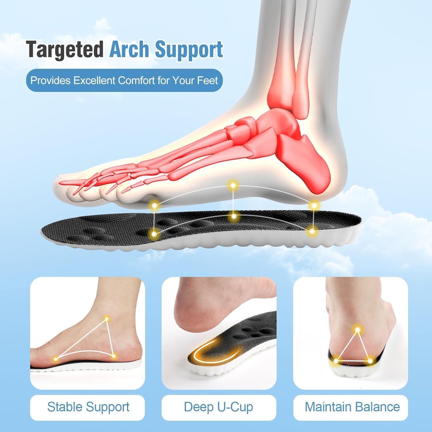 4D Cloud-Like Comfort Soles for Men - Soft Memory Foam Cushioning Insoles - Trim to Fit Steppers Insoles with Arch Support for Foot Pain Relief and Fatigue Reduction (Black, US M 9-12.5)